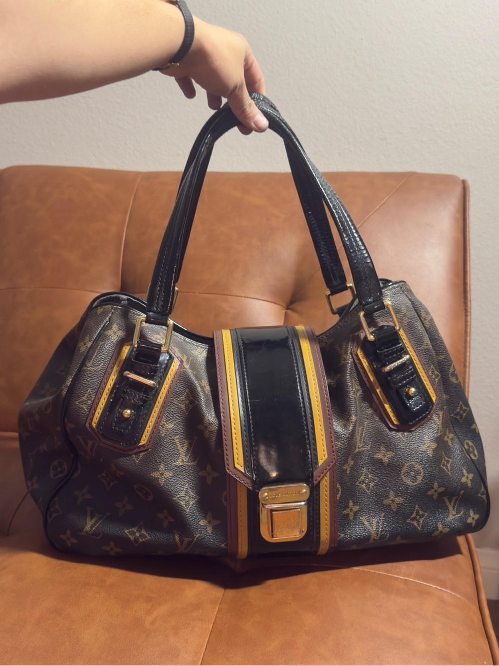 Louis Vuitton Brown Monogram Shoulder Bag with Black & Yellow Trim